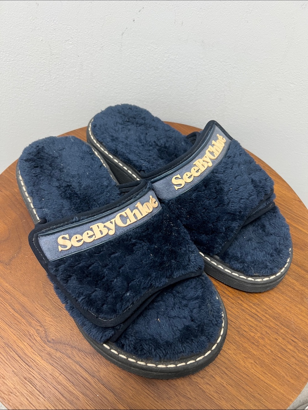See By Chloé Navy Faux-Fur Slides